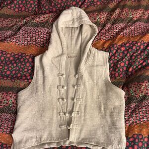 Thick Cotton Cream Hooded Vest with Toggle Closures